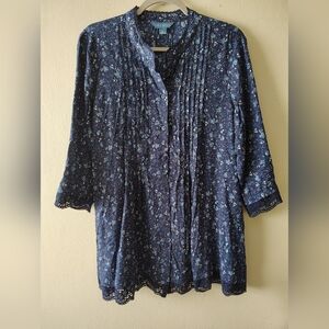 April Cornell Blue Floral Cottage Modest Boho Flowy Tunic Dress Top Medium